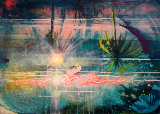 Tessa Wolkersdorfer, Eden is the end, 2024, Tusche und Acryl auf alter Leinwand, 50 x 70 cm