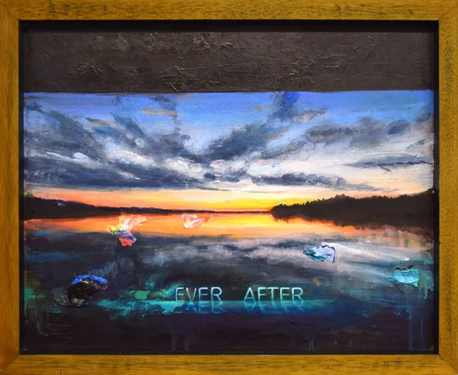 Tessa Wolkersdorfer, ever after, 2023, Tusche und Acryl auf altem Bild, 43 x 53 cm