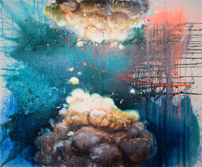 Tessa Wolkersdorfer, heaven come down, 2025, Tusche und Acryl auf Leinwand, 200 x 240 cm