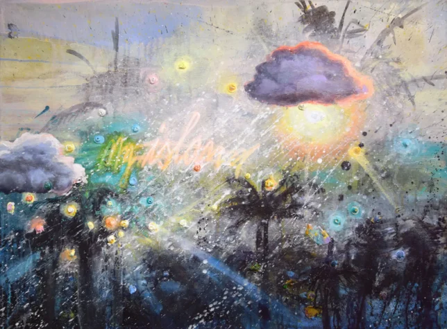 Tessa Wolkersdorfer, my island, 2024, Tusche und Acryl auf altem Bild, 68 x 92 cm