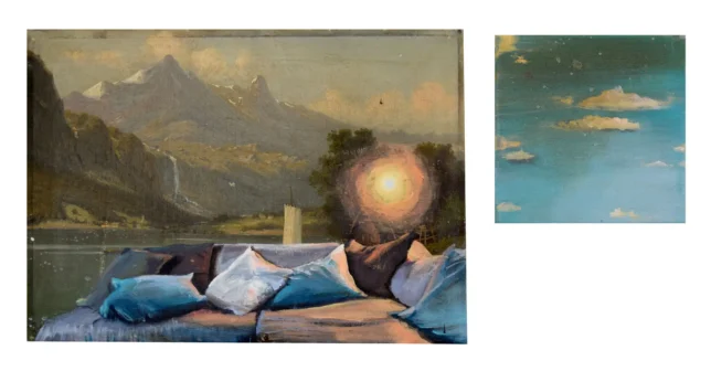 Tessa Wolkersdorfer, neoromantic 3, 2023, Tusche und Acryl auf altem Bild, 34 x 47 cm und 20 x 20 cm