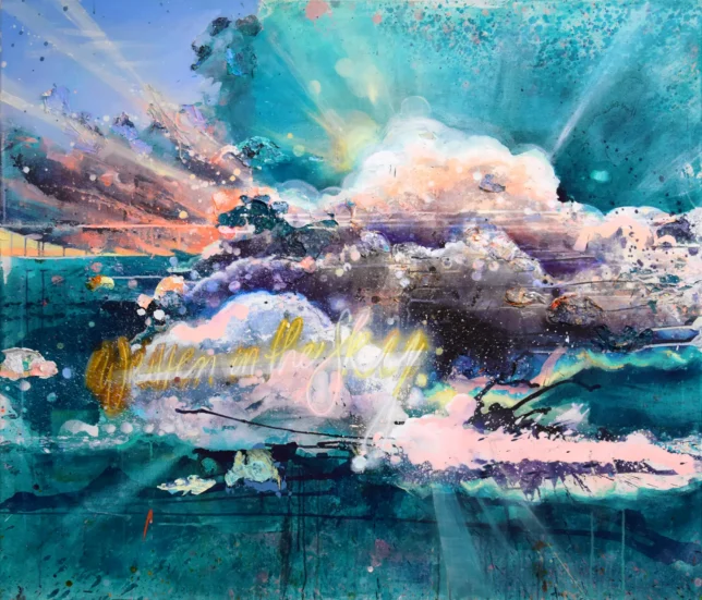 Tessa Wolkersdorfer, written in the sky, 2024, Tusche und Acryl auf Leinwand, 120 x 140 cm