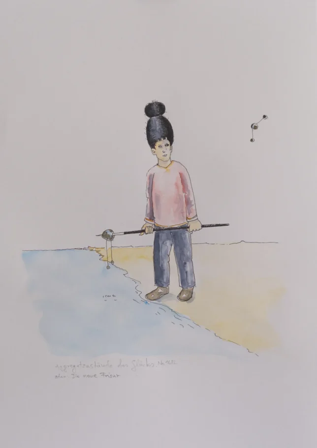 Peter Kröning, Aggregatszustände des Glücks, 2025, Aquarell, Fineliner auf Papier, 29,7 x 42 cm