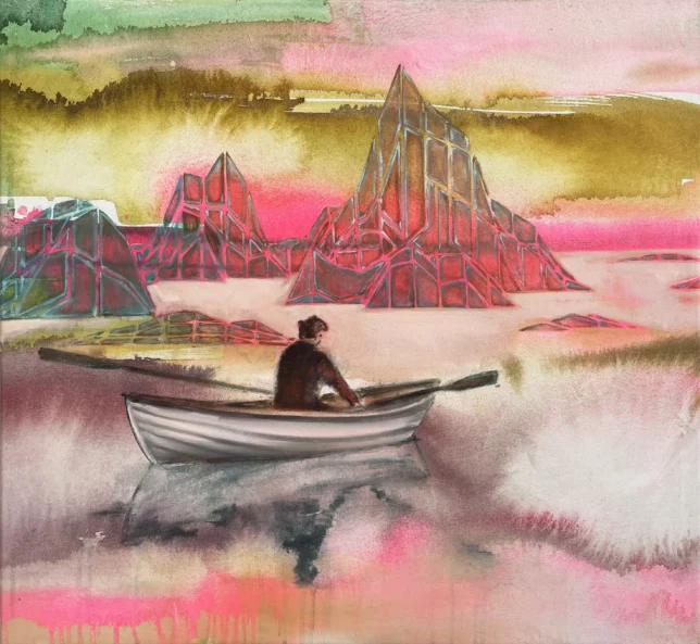 In Dialog with the Experiment of Time, 2025, Tusche und Öl auf Leinwand, 60 x 65 cm Isabel Friedrich, In Dialog with the Experiment of Time, 2025, Tusche und Öl auf Leinwand, 60 x 65 cm – Galerie Greulich