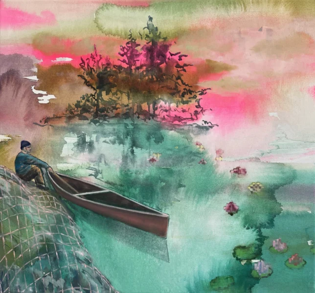 Sitting on the Experiment of Time, 2025, Tusche und Öl auf Leinwand, 60 x 65 cm Isabel Friedrich, Sitting on the Experiment of Time, 2025, Tusche und Öl auf Leinwand, 60 x 65 cm – Galerie Greulich